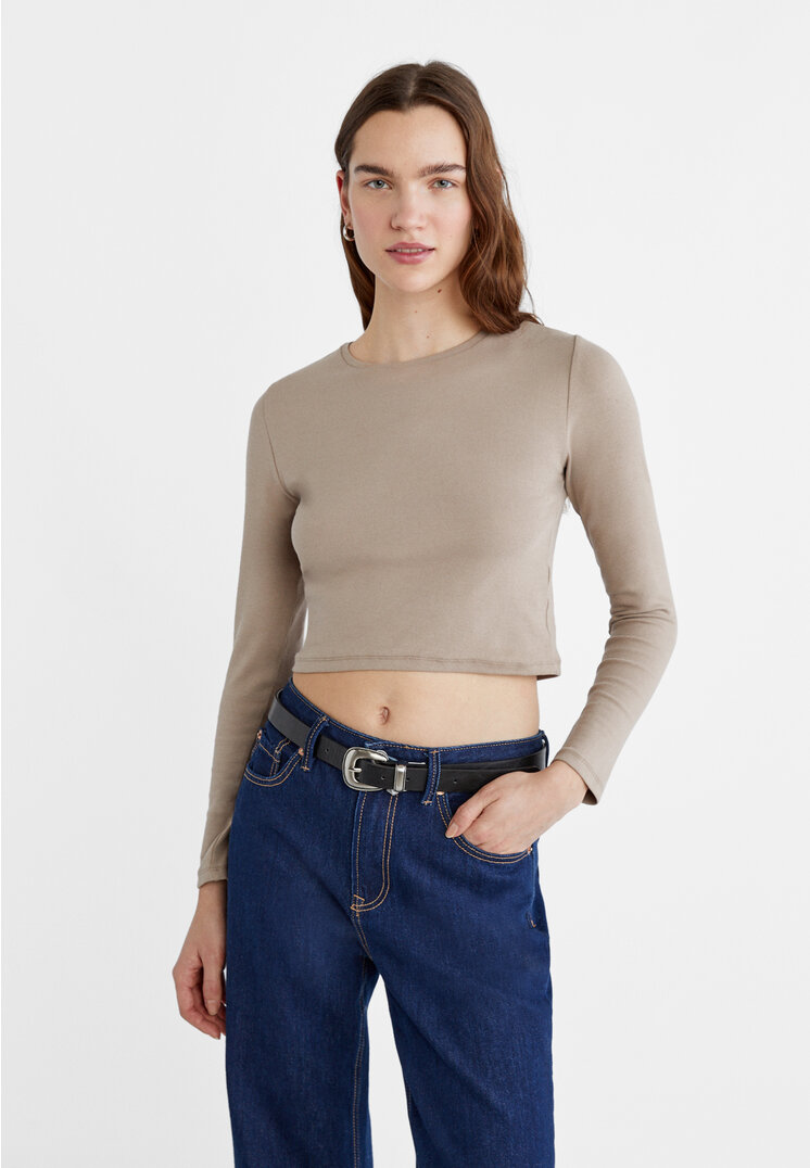 

Stradivarius Krótka bawełniana koszulka basic Jasny wielbłądzi XS