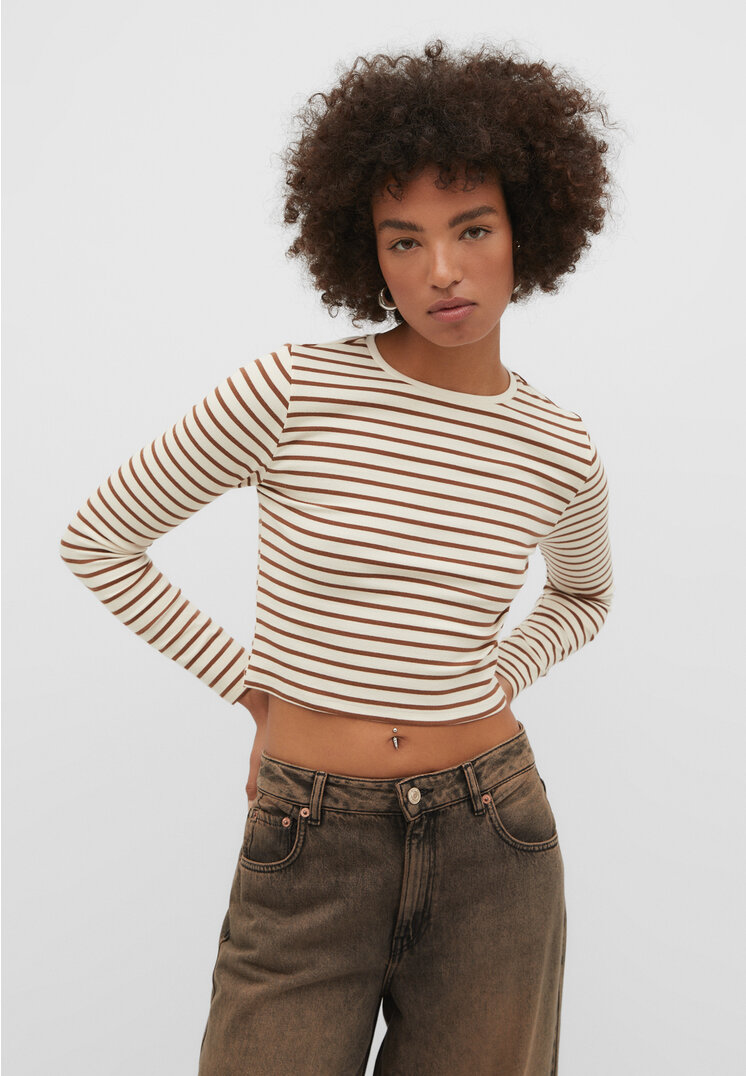 

Stradivarius Krótka koszulka basic w paski Brązowy M
