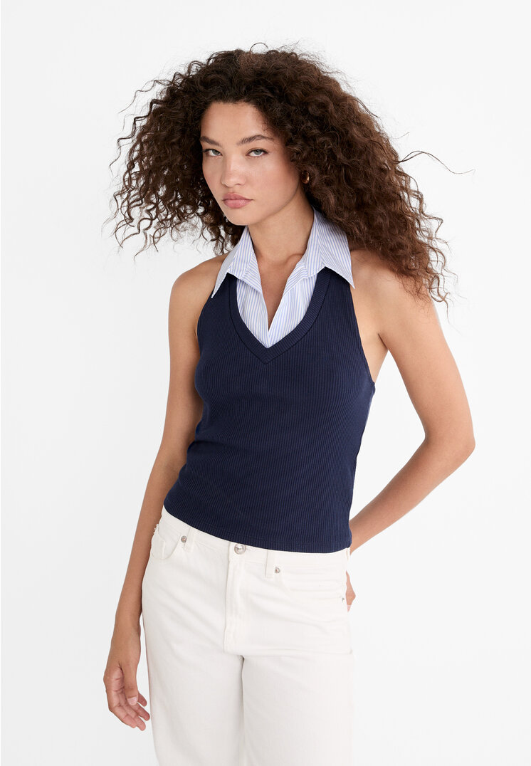 

Stradivarius Kontrastowy top z dekoltem halter Morski S