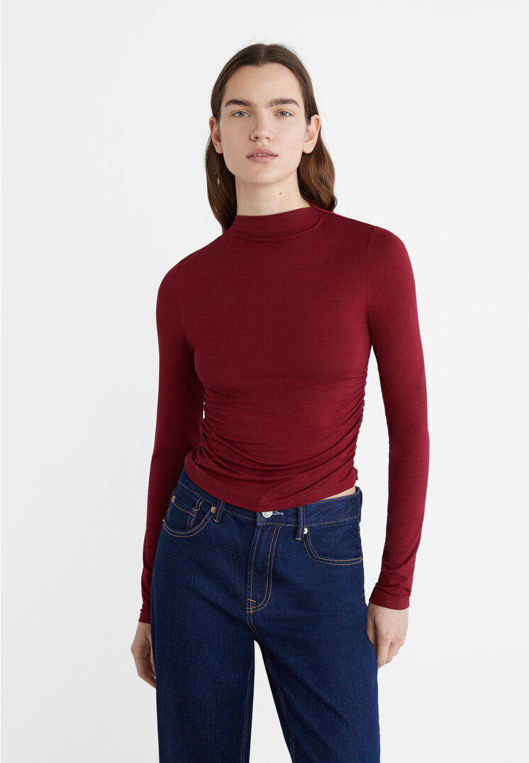 

Stradivarius Shirt aus Viskose Gathering Granatrot L