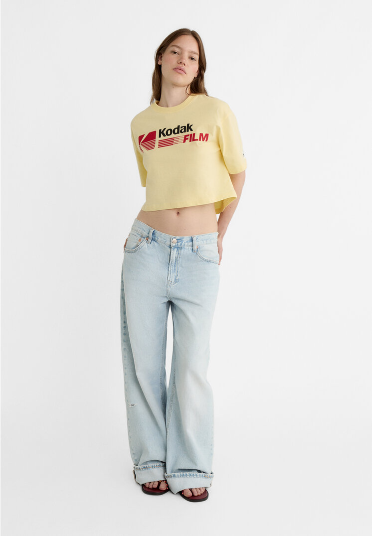 ★KODAK★ Breeze Light Color Film Crop T-Shirt Women IVORY Stradivarius Cropped Kodak T-shirt Pastel yellow S | Recommend
