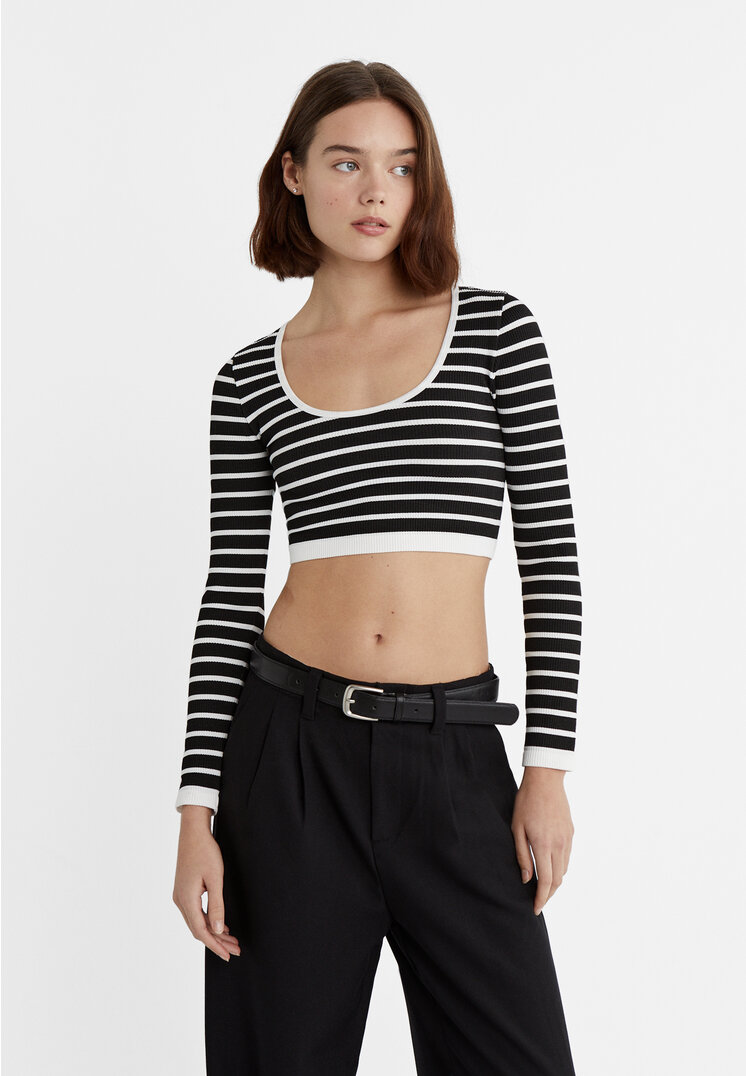 

Stradivarius Nahtloses Cropped-Top im Balletlook mit Streifen TRANSPARENT M