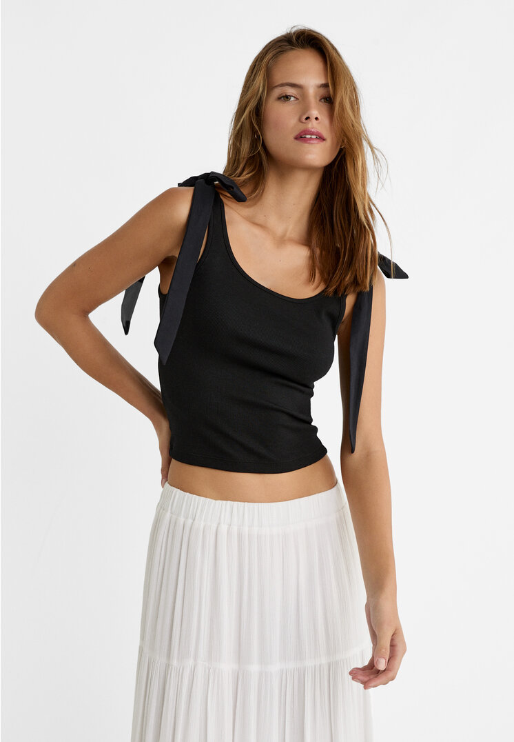 

Stradivarius Top z dwiema dopasowanymi kokardkami Czarny L