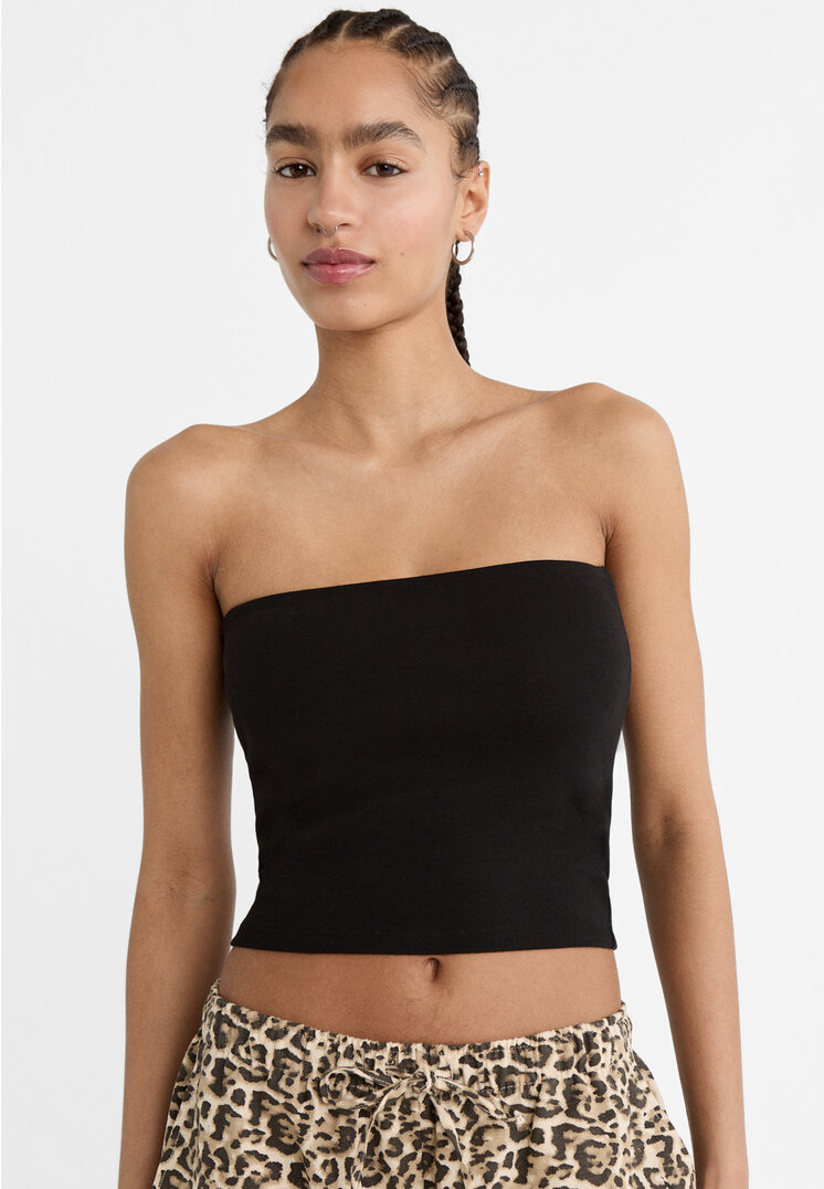 Stradivarius Top basic z dekoltem bandeau Czarny S