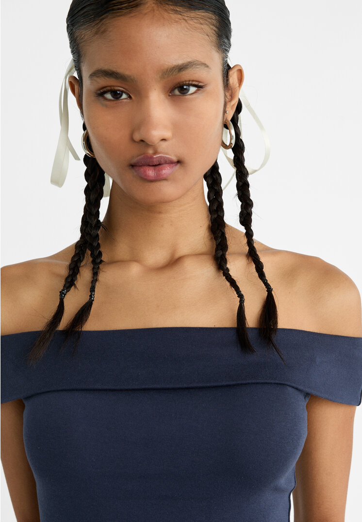 Stradivarius Off-the-shoulder top  Navy blue M