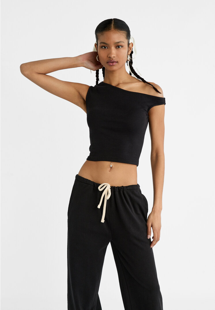 Stradivarius Asymmetrisches Trägershirt Schwarz XS