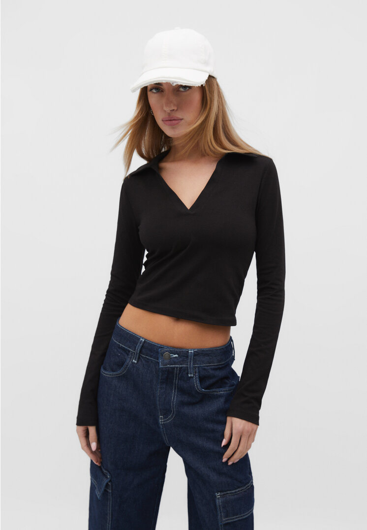 Stradivarius Poloshirt mit langen Ärmeln Schwarz XL