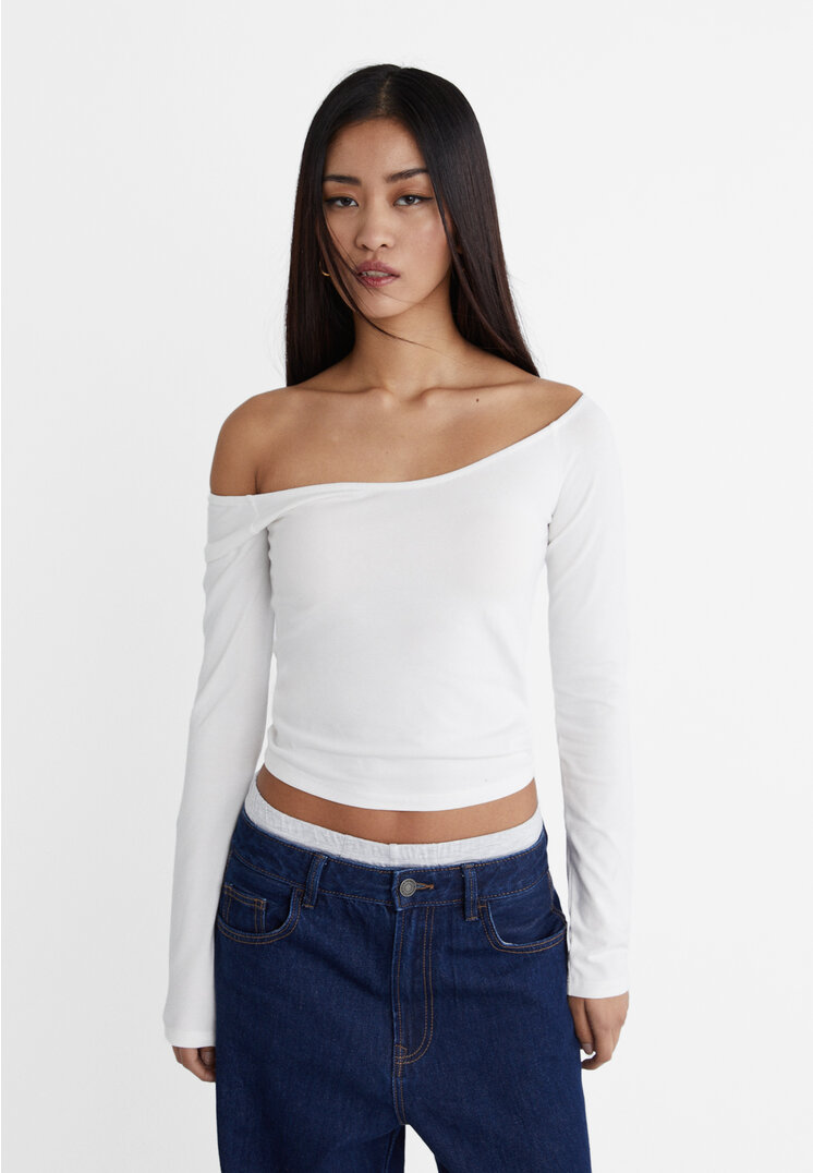 Stradivarius Shirt mit Ausschnitt Weiß XS