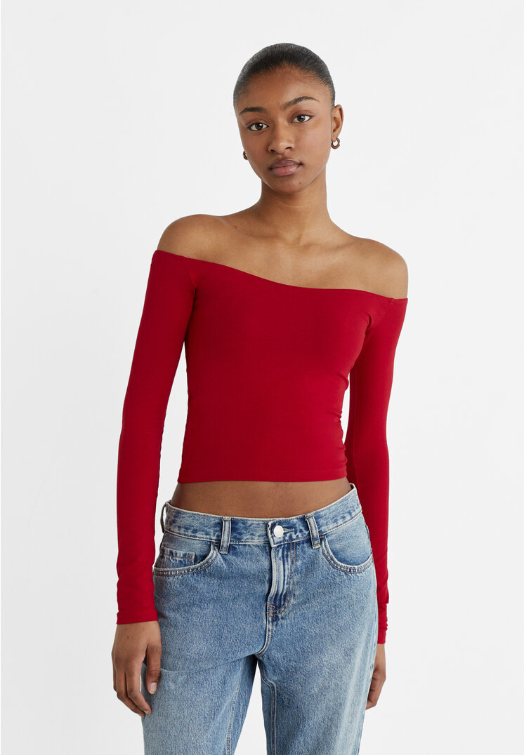 

Stradivarius Shirt mit Ausschnitt Dunkelrot M