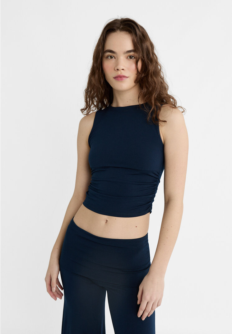 Stradivarius Shirt mit Raffungen Marineblau L