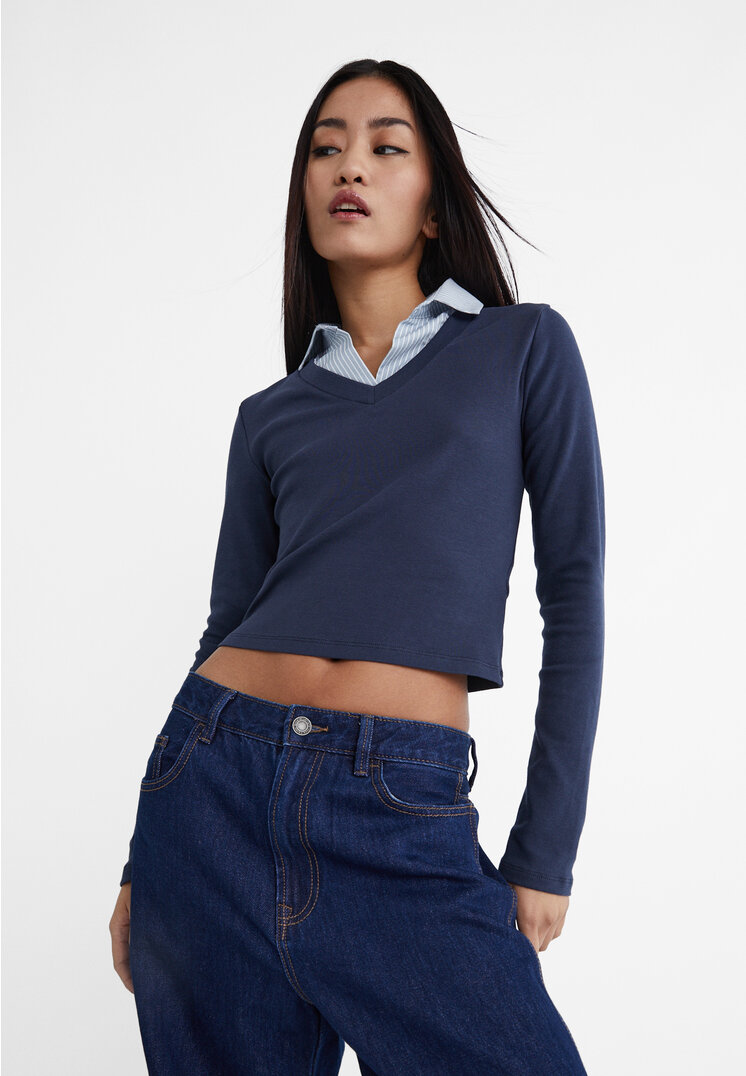 

Stradivarius Shirt mit Reverskragen Marineblau XS