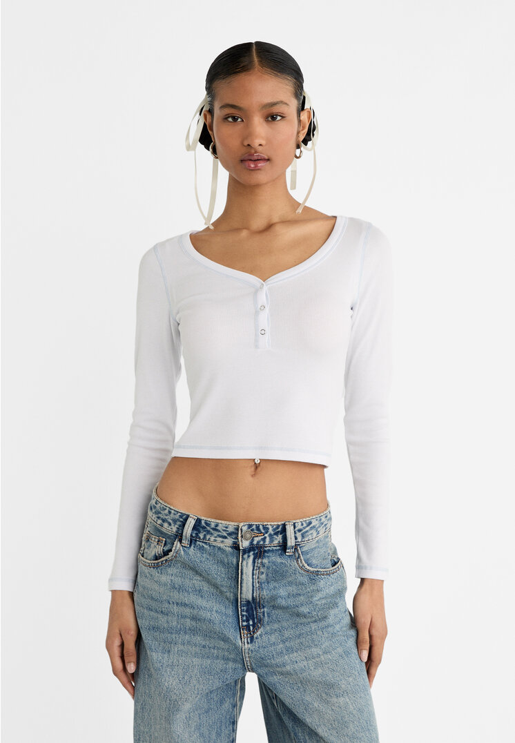 Stradivarius Shirt mit Knöpfen Weiß XL