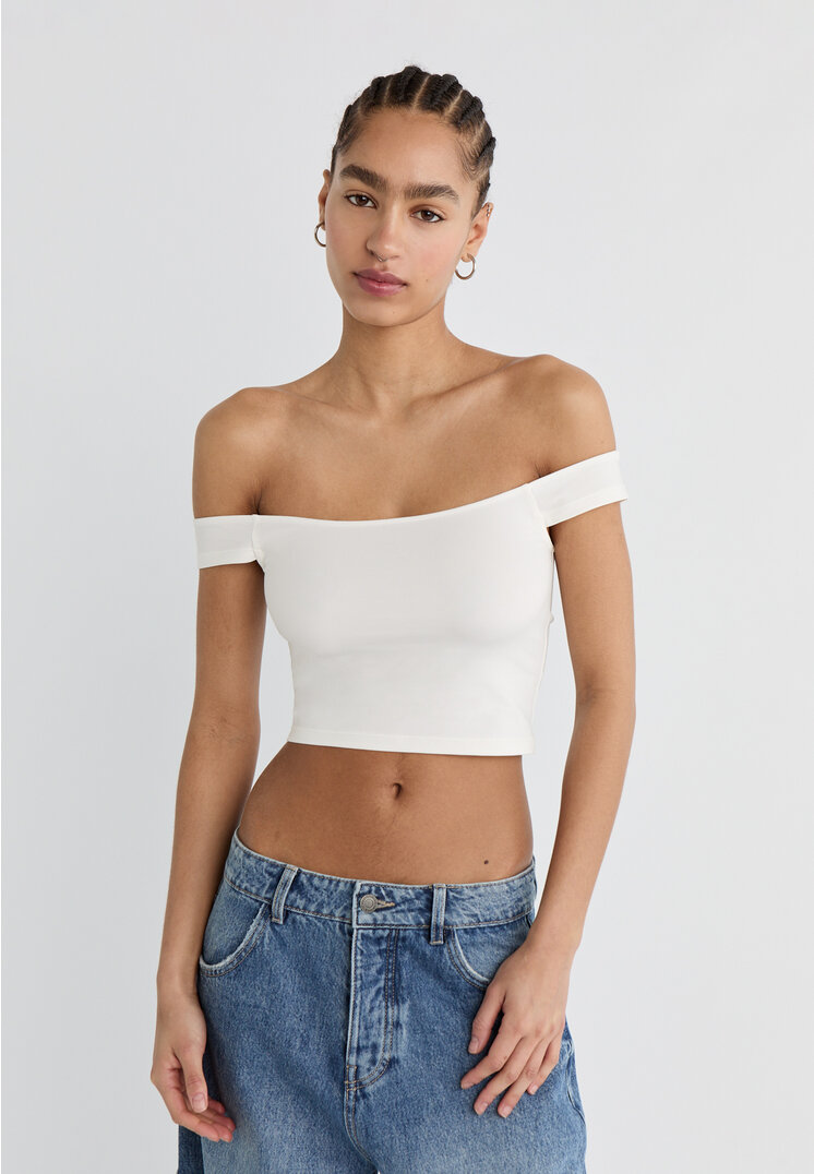 

Stradivarius Kurzes T-Shirt schulterfrei Weiß XS