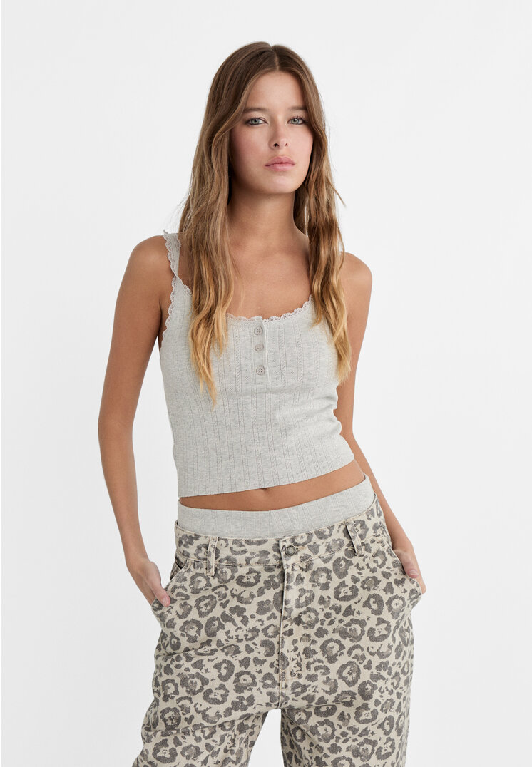 

Stradivarius Top z dzianiny pointelle z koronką Popielaty S