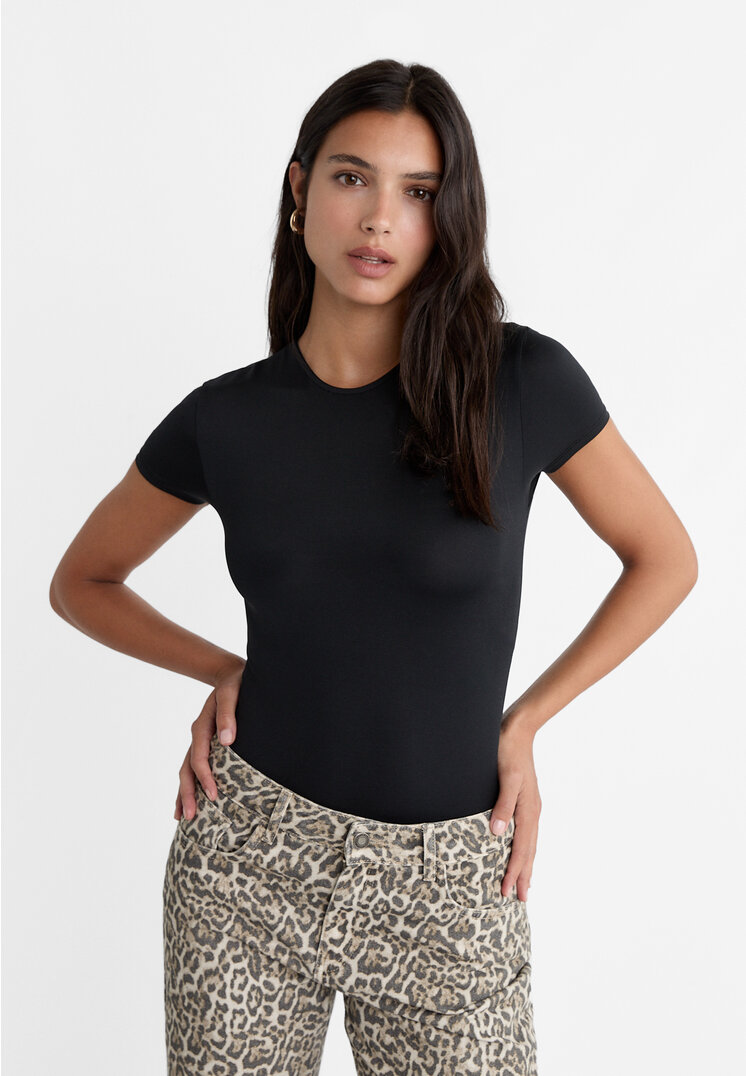 Stradivarius Kurzarmbody aus Polyamid Schwarz XL