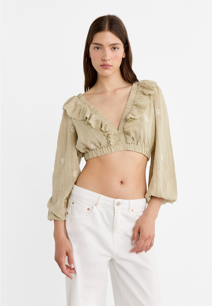 

Stradivarius Krótka, haftowana bluzka z wiązaniem na plecach Khaki L