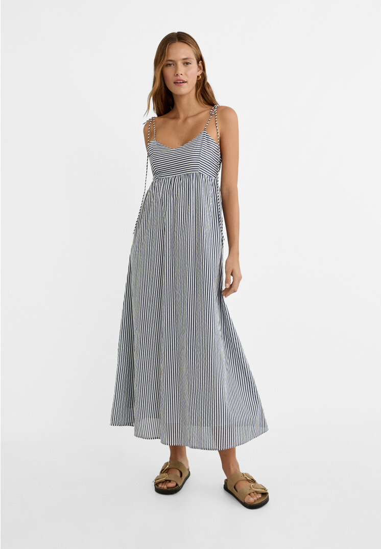 

Stradivarius Langes Kleid mit Streifen und Schleife Marineblau XL