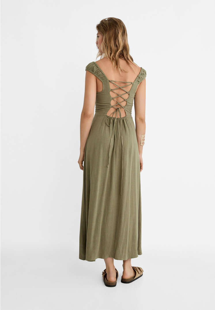 Stradivarius Vestito morbido midi incrociato sulla schiena in misto lino  Kaki M