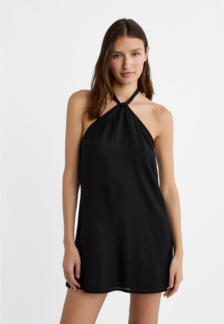 

Stradivarius Kurzes Neckholder-Kleid aus Leinen Schwarz XS