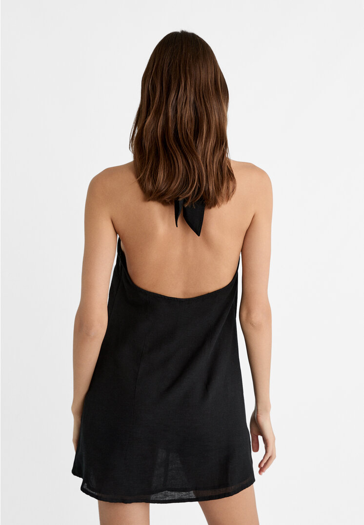 Stradivarius Short linen blend halter dress  Black XS