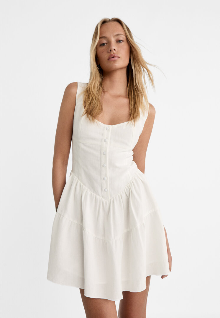 Stradivarius Vestito corto a righe effetto corsetto in misto lino  Bianco S