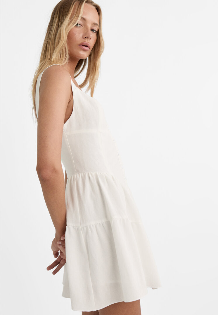 Stradivarius Vestito corto a righe effetto corsetto in misto lino  Bianco S