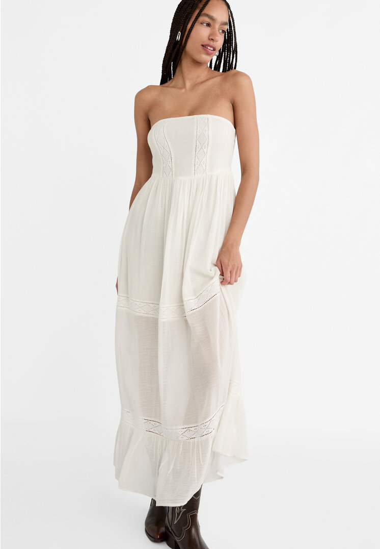 Stradivarius Long flowing strapless dress  White L