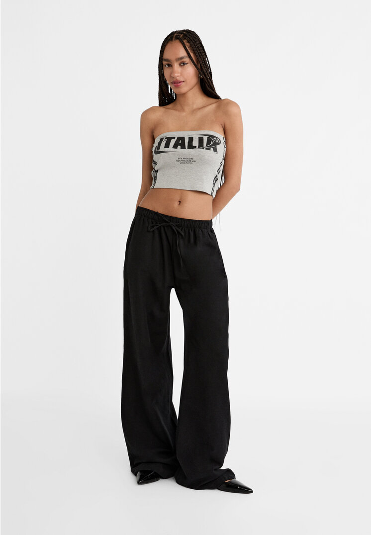 

Stradivarius Lange, fließende Hose Stil mit Leinenanteil Schwarz XL