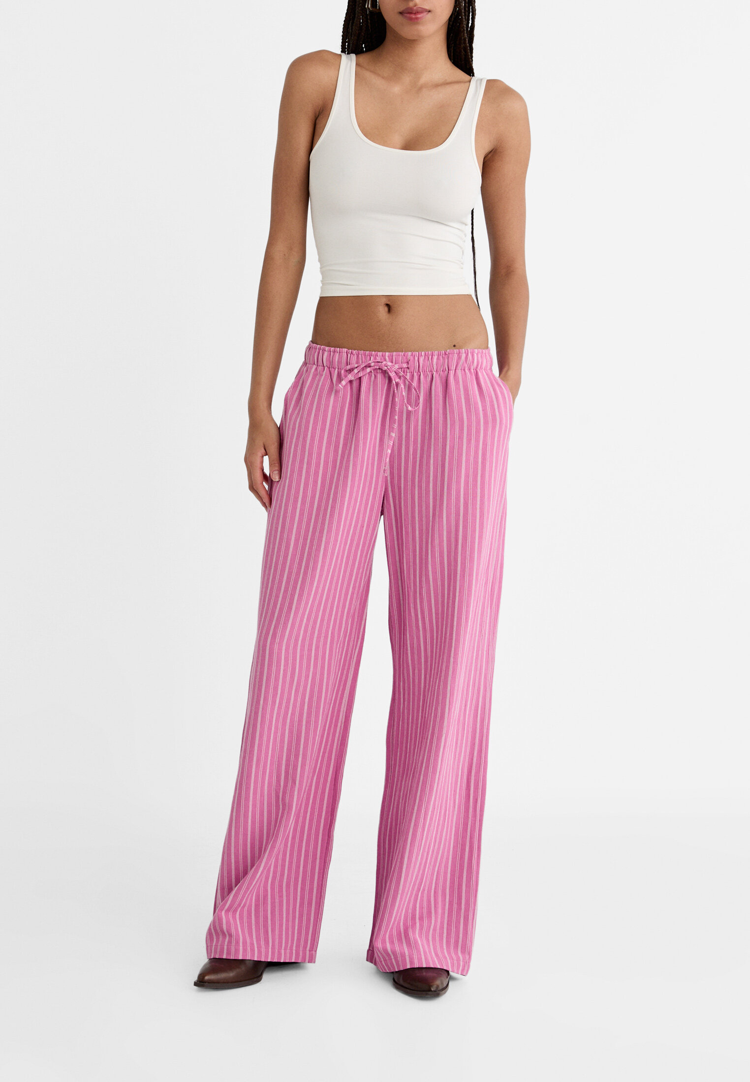 Striped relaxed fit linen blend trousers