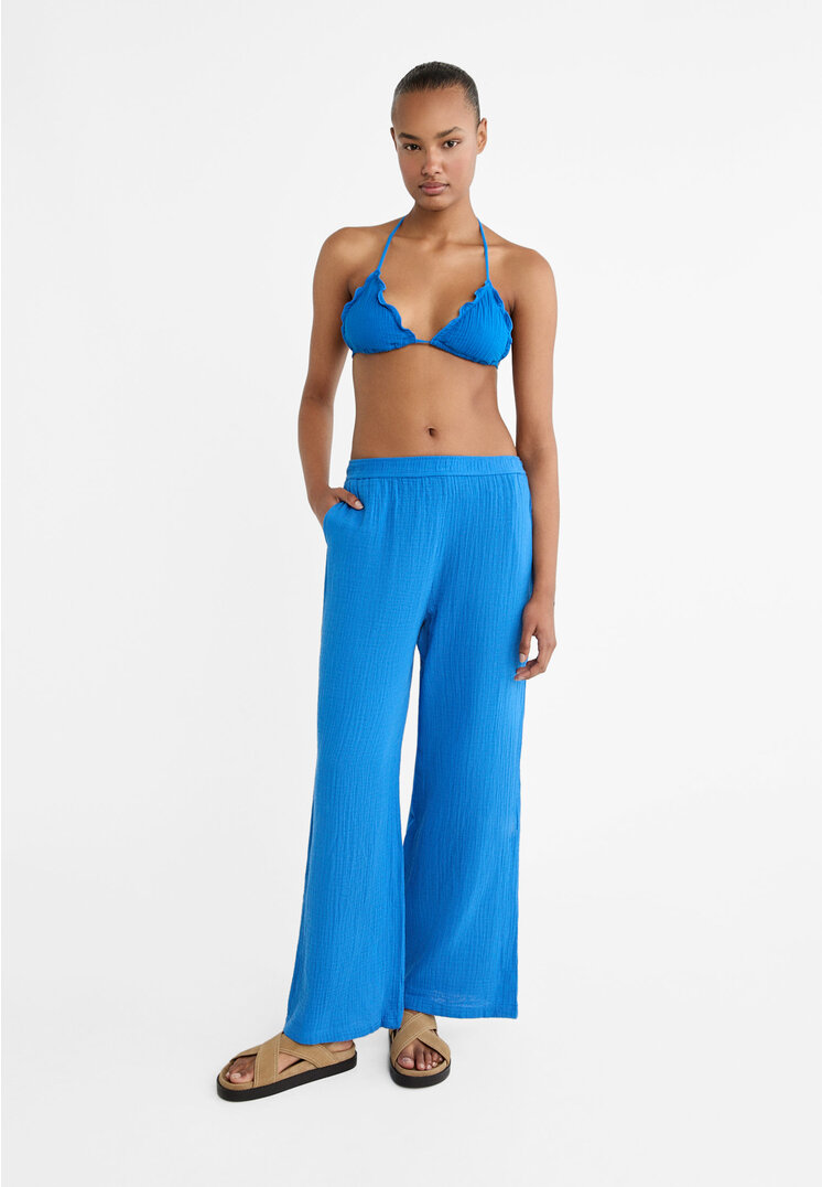 stradivarius cotton trousers with elasticated waistband  electric blue xs