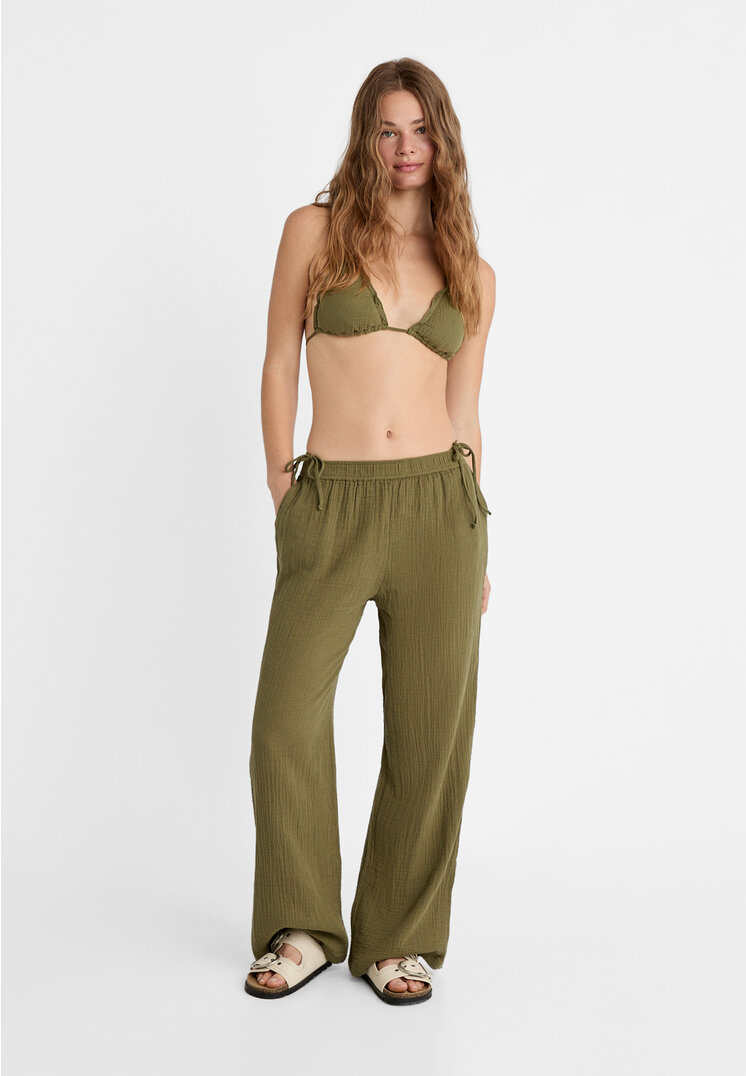 

Stradivarius Bawełniane spodnie z gumką w pasie Khaki L