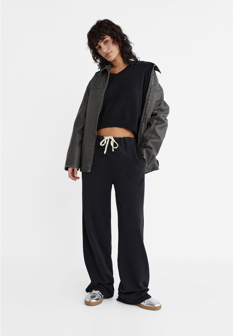 Stradivarius Spodnie relax fit ze sznurkiem Czarny XL