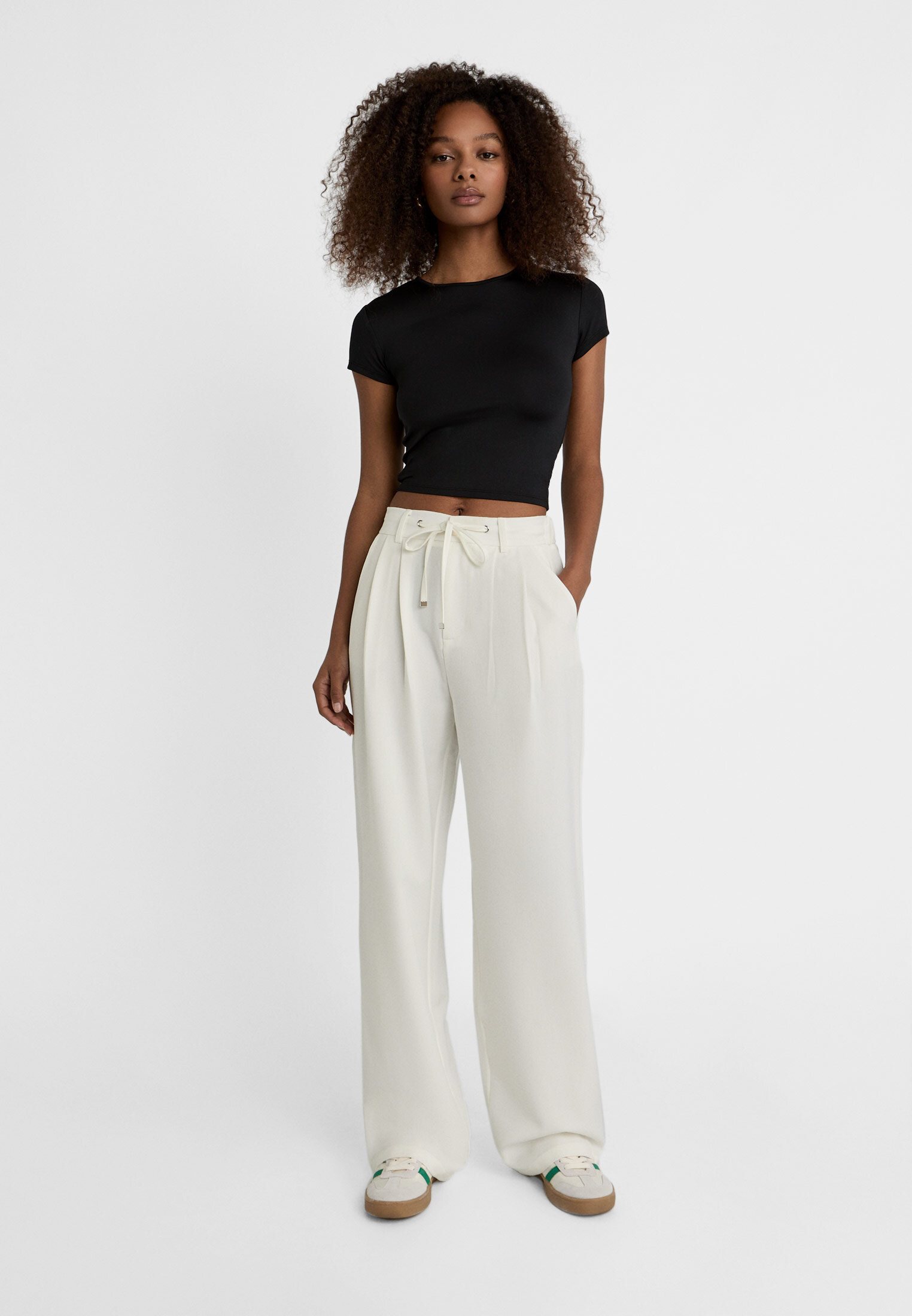 Wide leg straight fit trousers with drawstring waist