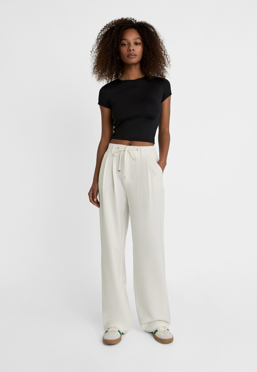 Wide-leg straight fit trousers with drawstring waist