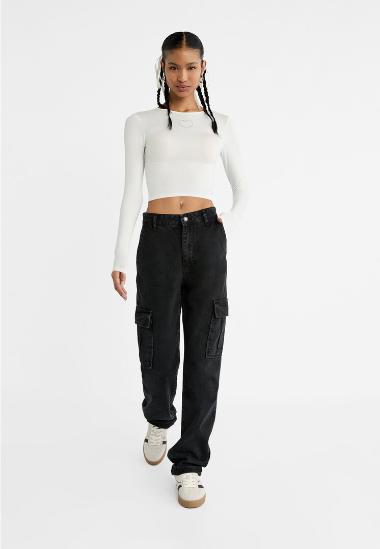 Stradivarius Straight fit cargo jeans  Black denim 8