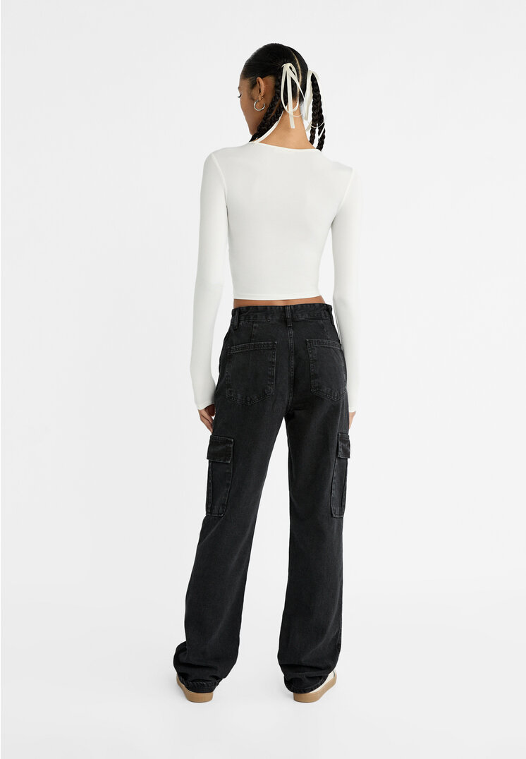 Stradivarius Straight fit cargo jeans  Black denim 8