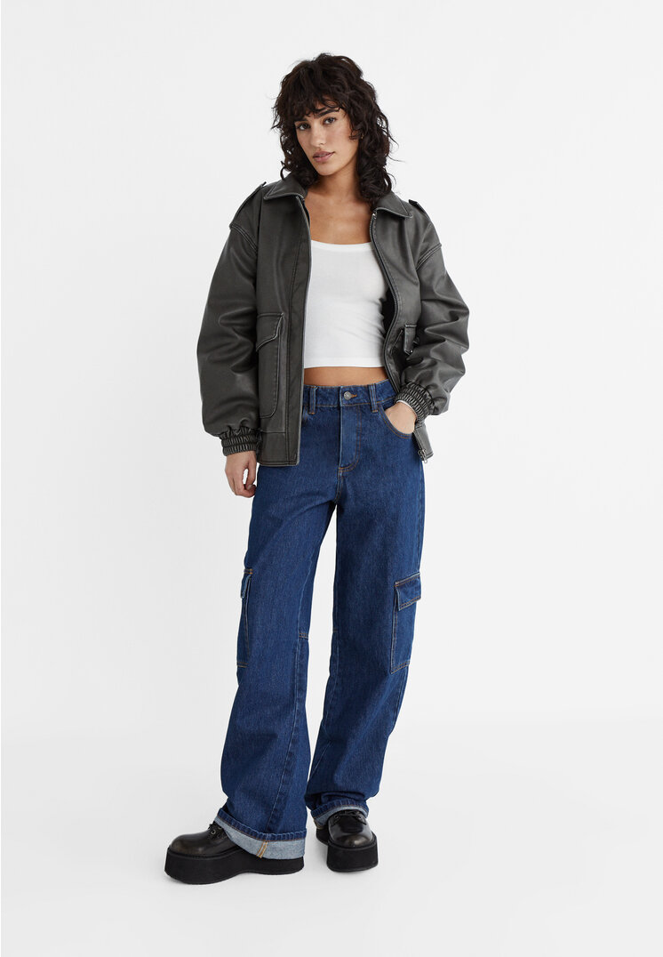 Stradivarius jeans straight cargo denim blue