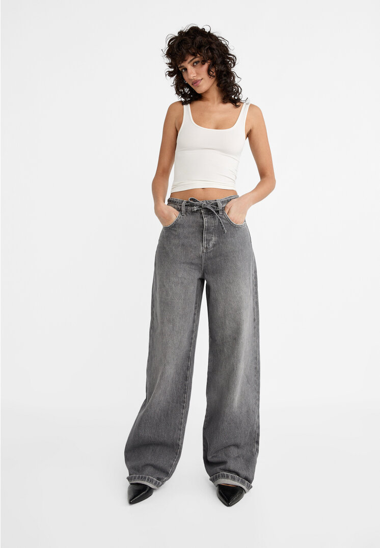

Stradivarius Wide-Leg-Jeans mit Kordel schwarzer Denim 38
