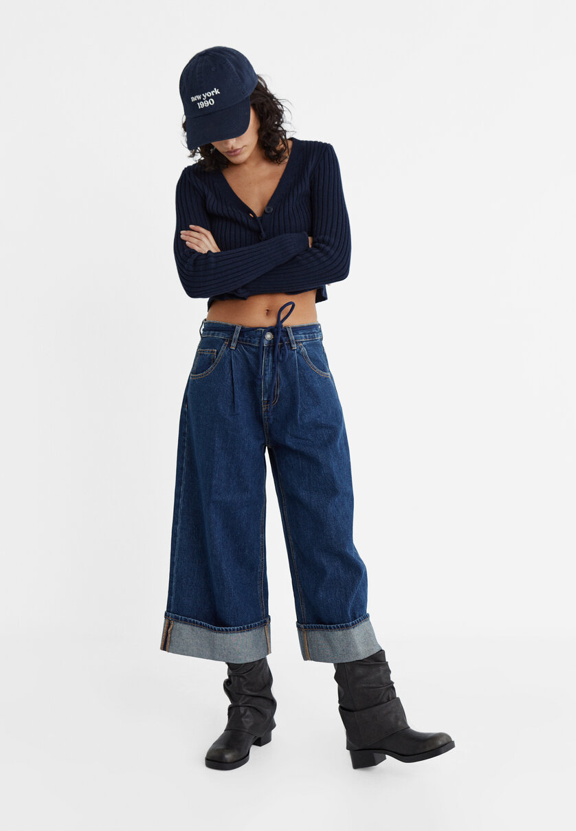 Culotte jeans with darts and drawstring