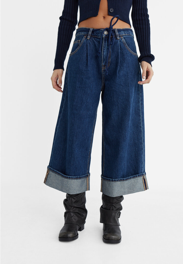 Stradivarius Culotte jeans with darts and drawstring  Blue denim 14