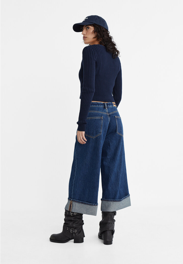 Stradivarius Culotte jeans with darts and drawstring  Blue denim 14
