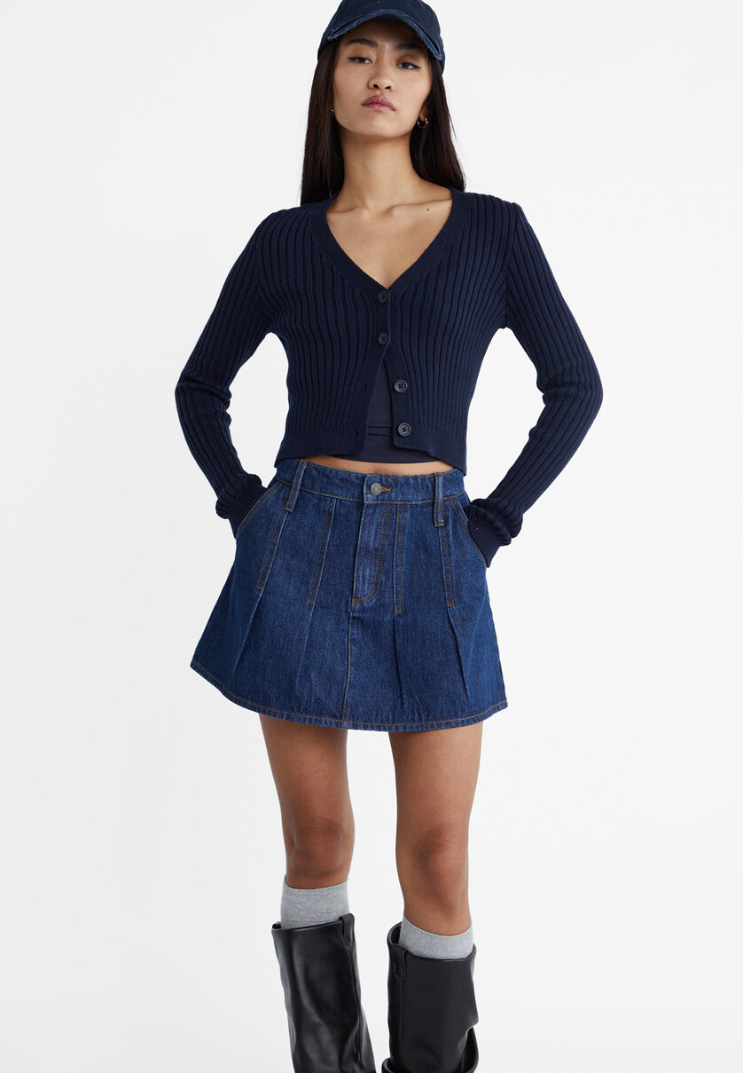 Denim box pleat mini skirt