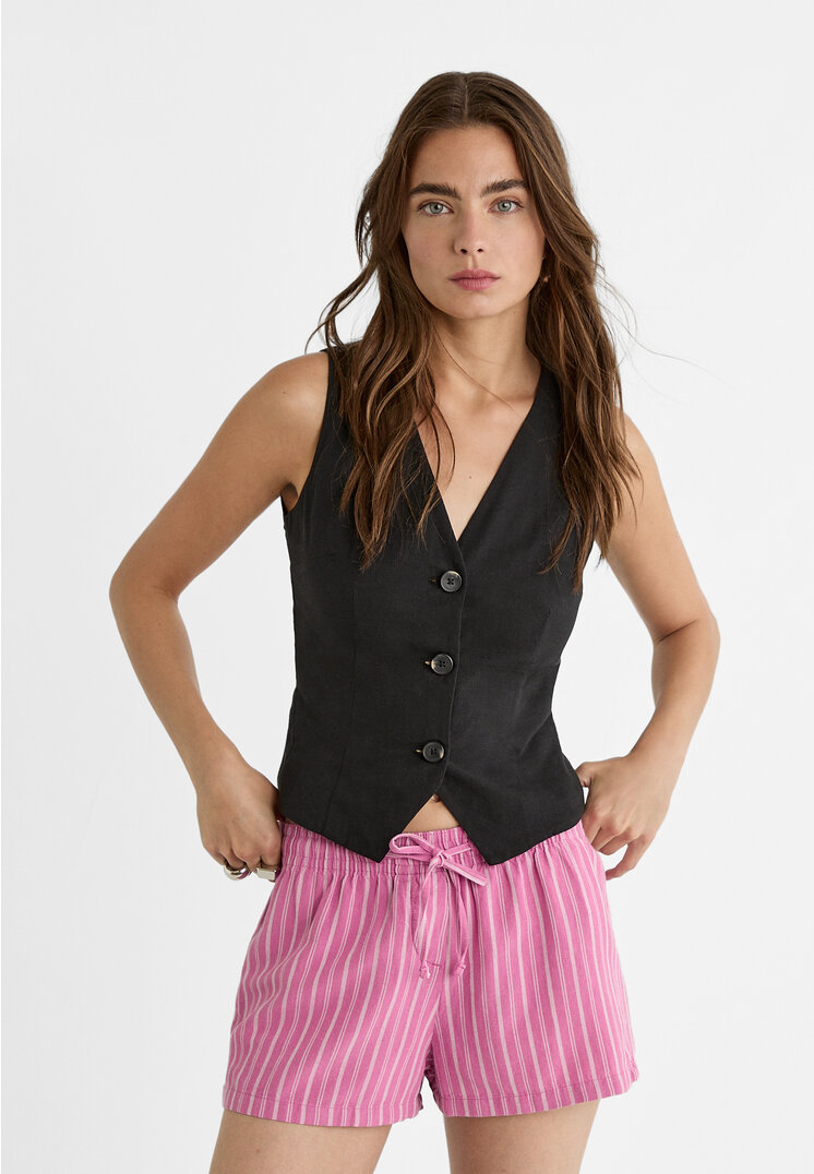 Stradivarius Fließende Shorts aus Leinen mit Streifen Rosa M