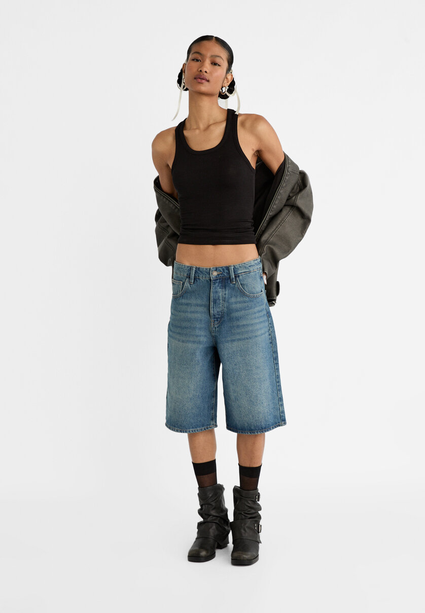 Wide leg best sale denim bermuda shorts