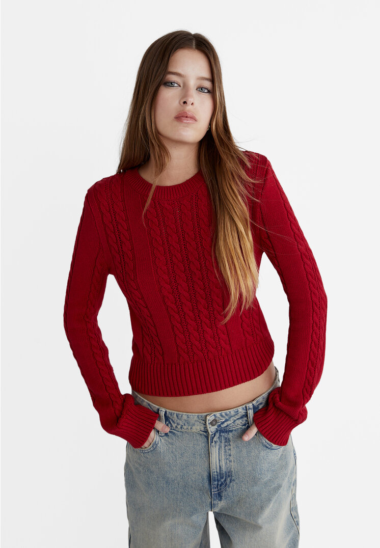 Stradivarius Strickpullover mit Zopfmuster Dunkelrot S
