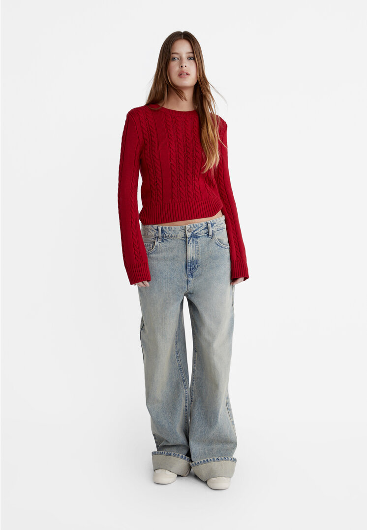Stradivarius Pullover in maglia a trecce  Rosso scuro L