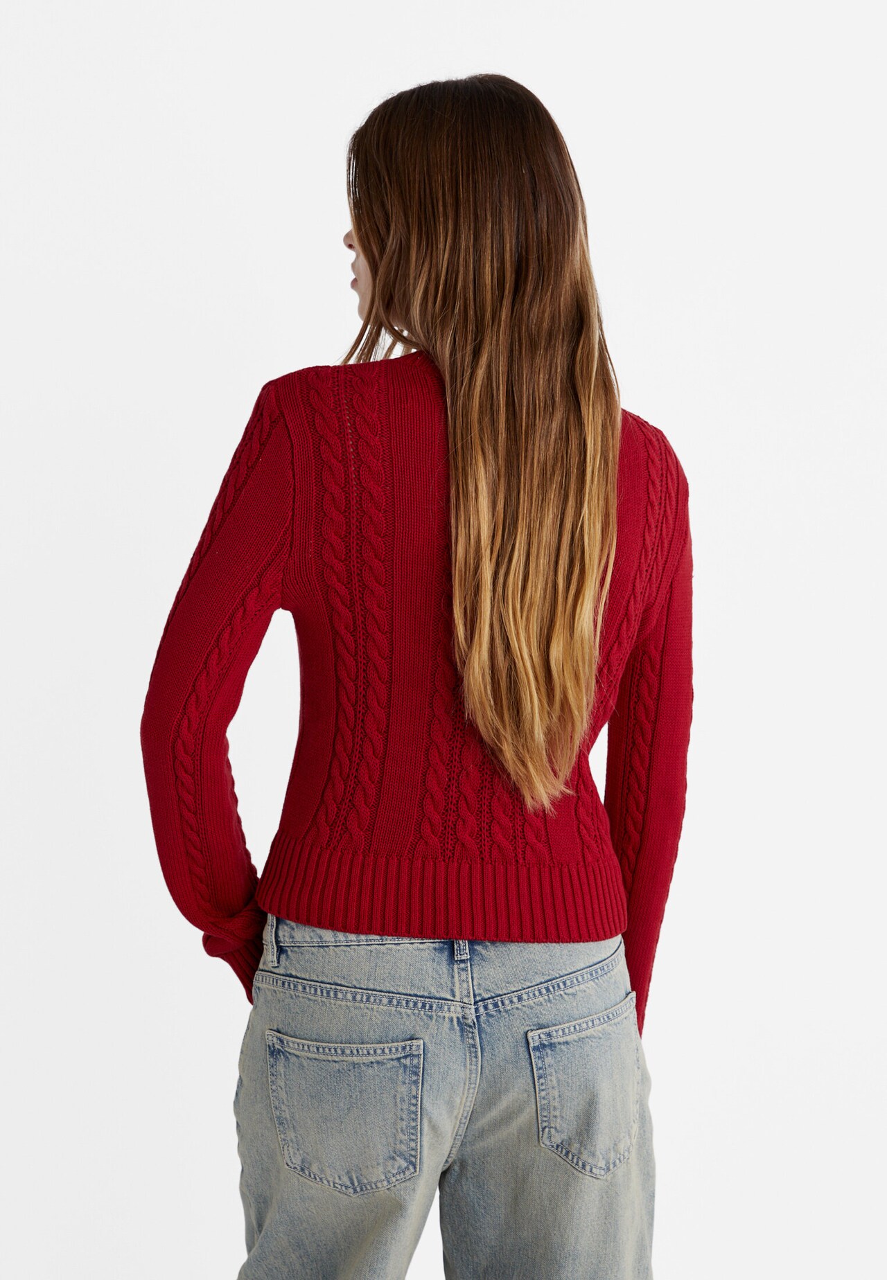 Stradivarius Cable-Knit Sweater Dark Red XS