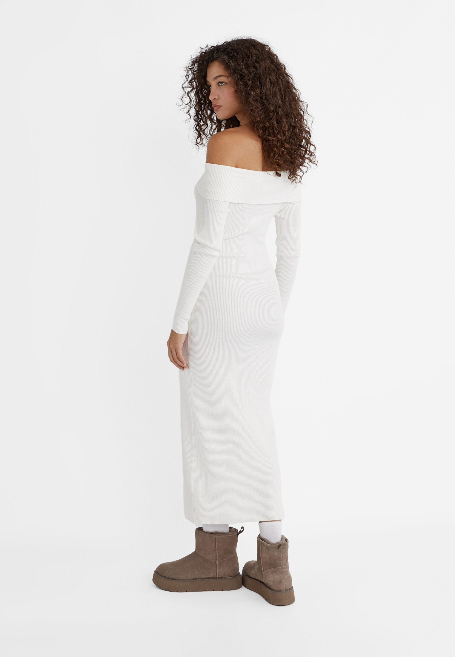 Ribbed off shoulder midi clearance dress