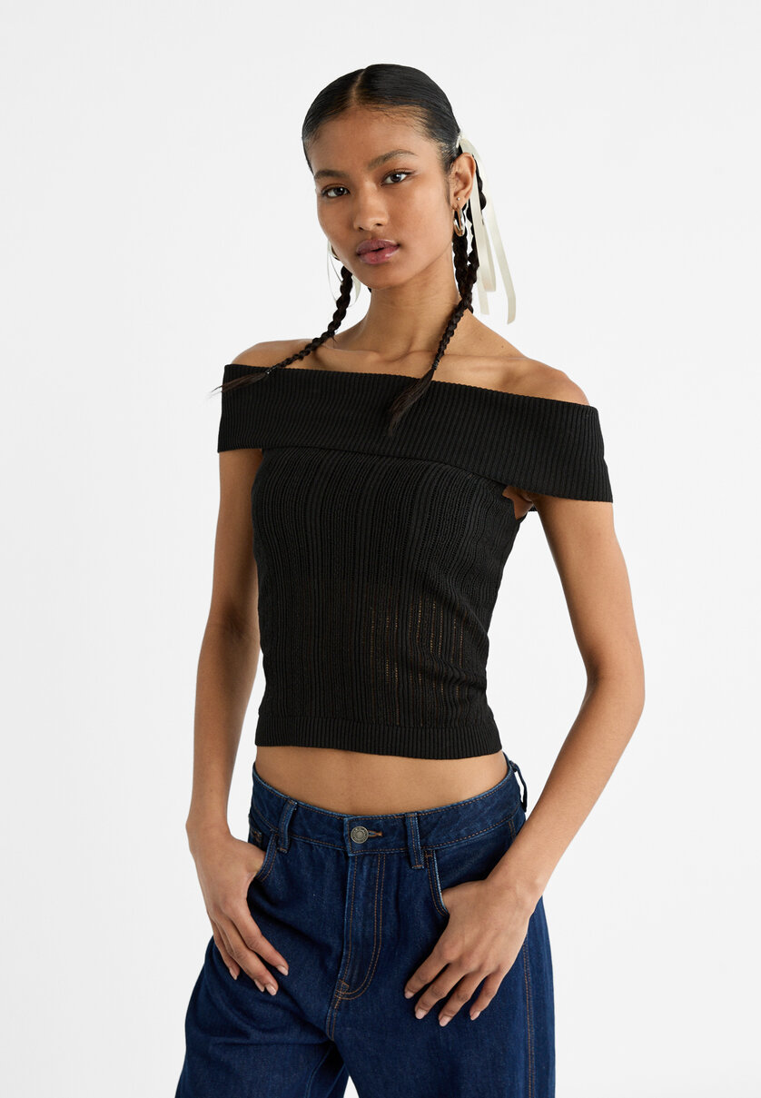 Open-knit top with exposed shoulders
