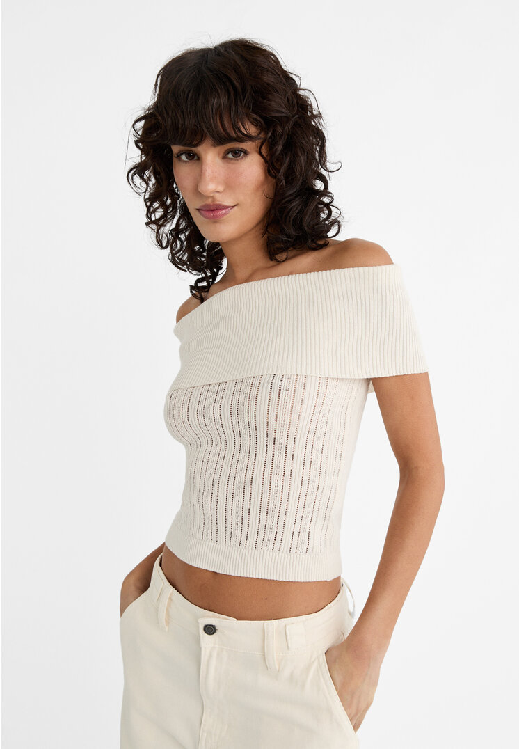 

Stradivarius Stricktop lockeres Strickmuster schulterfrei Ecru S